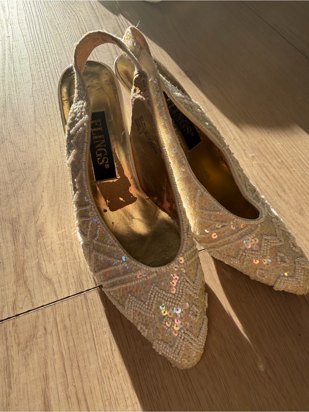Beaded Ivory Slingback Mules with Sequin Detail